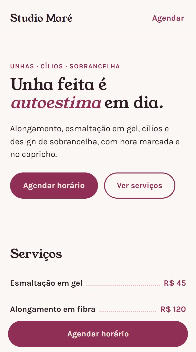 Exemplo de site para salão de beleza, unhas e cílios